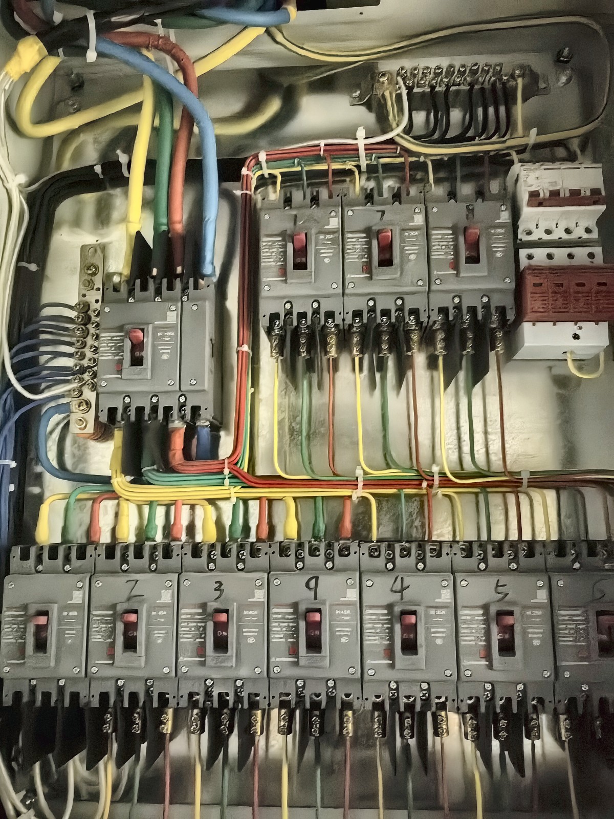 Industrial distribution panel wiring with molded case circuit breakers and terminal blocks